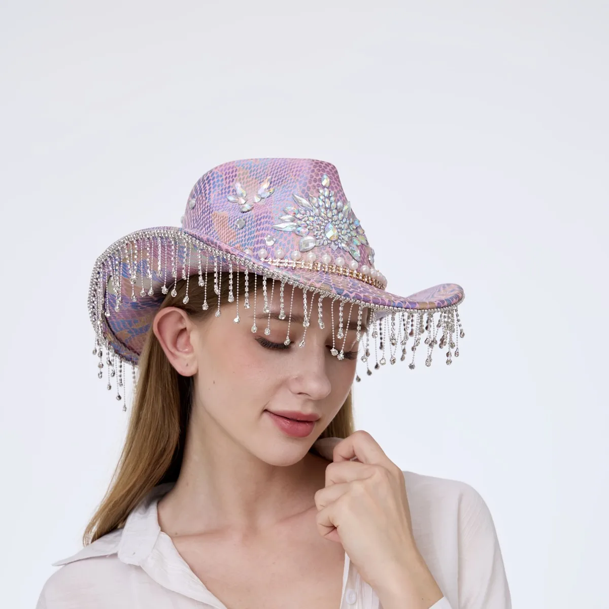 HongLuan Brokatowy Kapelusz Kostiumowy dla Dorosłych i Kapelusze Kowbojskie z Cyrkoniami dla Kobiet, Akcesoria do Cosplay Kowbojki i Kapelusz Kowbojski