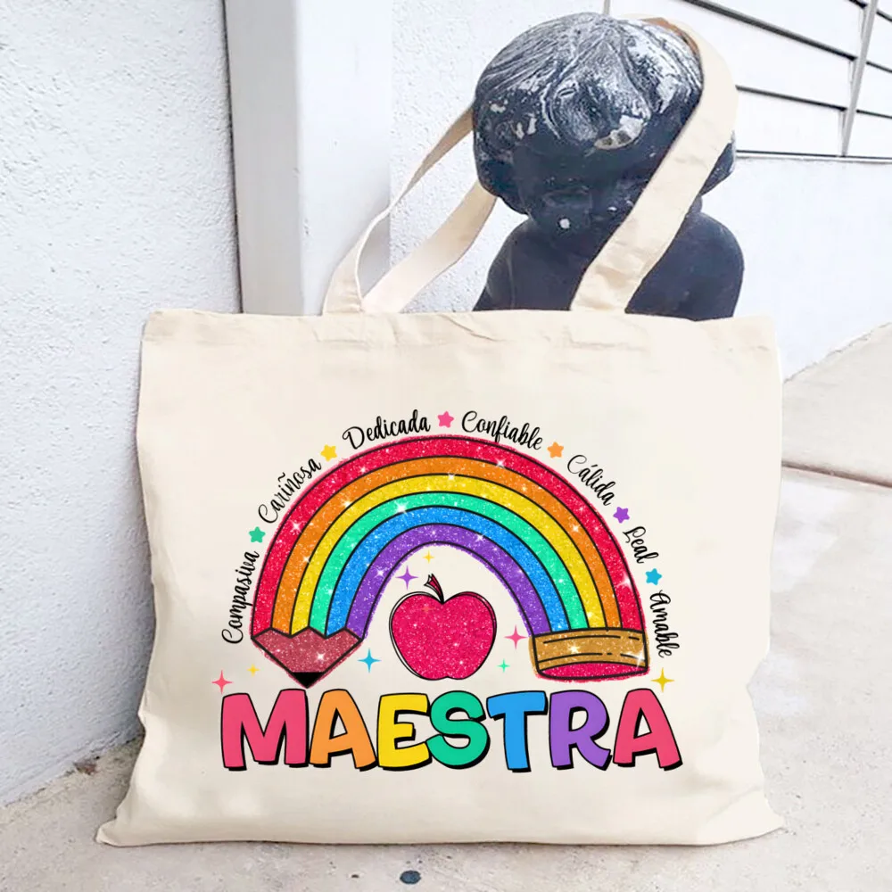 Bolsos de mano con estampado de patrón de arcoíris y MAESTRA para mujer, bolsos informales para profesores y niñas, bolso de moda para profesores,