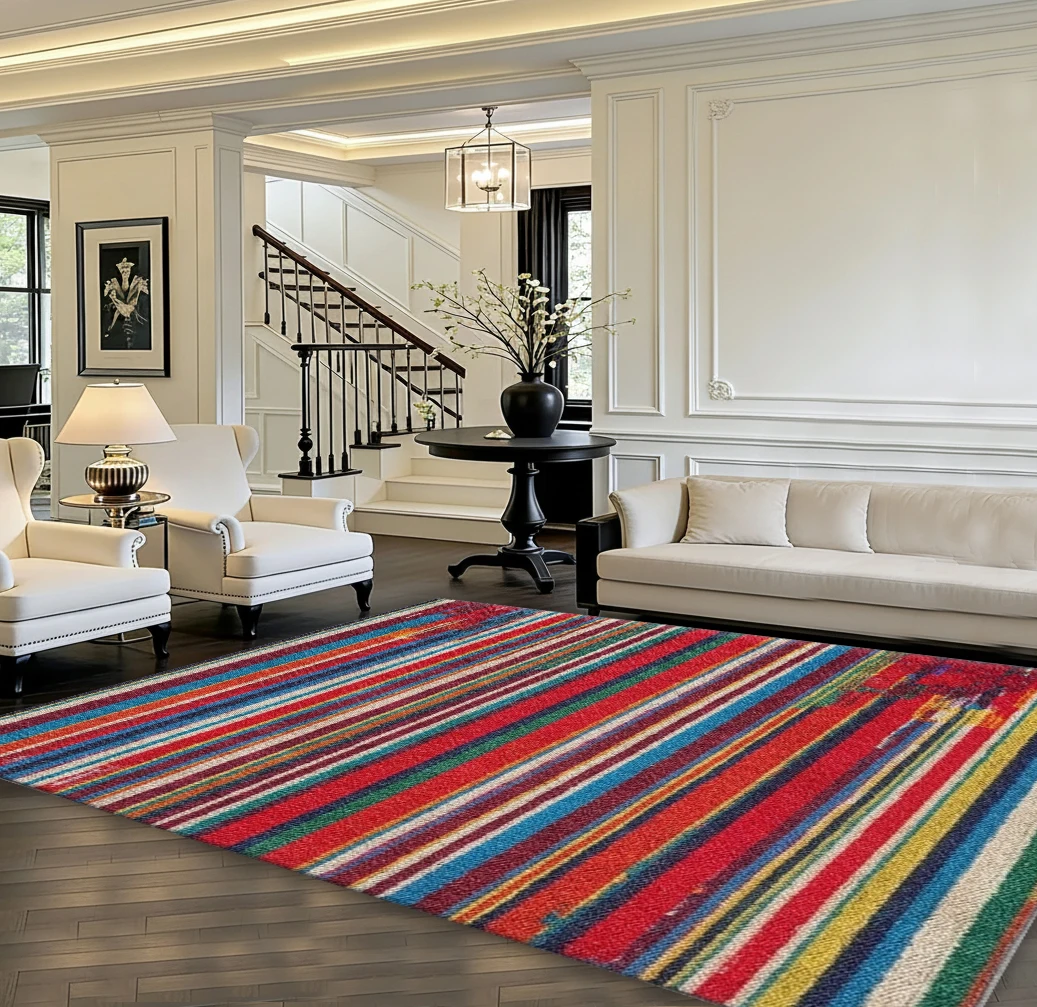 Colorful Vertical Stripe Abstract Pattern Carpet Non-Slip Washable Modern Living Room Rug