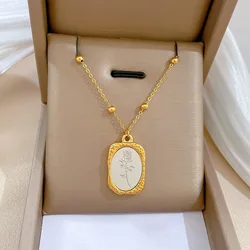 Fashion Retro Only Love One Rose Square Necklace Niche Cute Magic Mirror Rose Couple Pendant Clavicle Chain Charm Gift