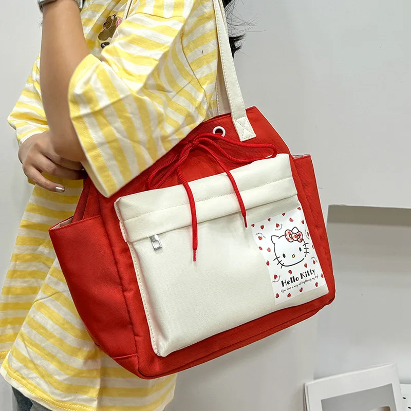 

Hello Kitty cartoon contrast color waterproof large-capacity drawstring pocket Kuromi Cinnamoroll Melody one-shoulder tote bag