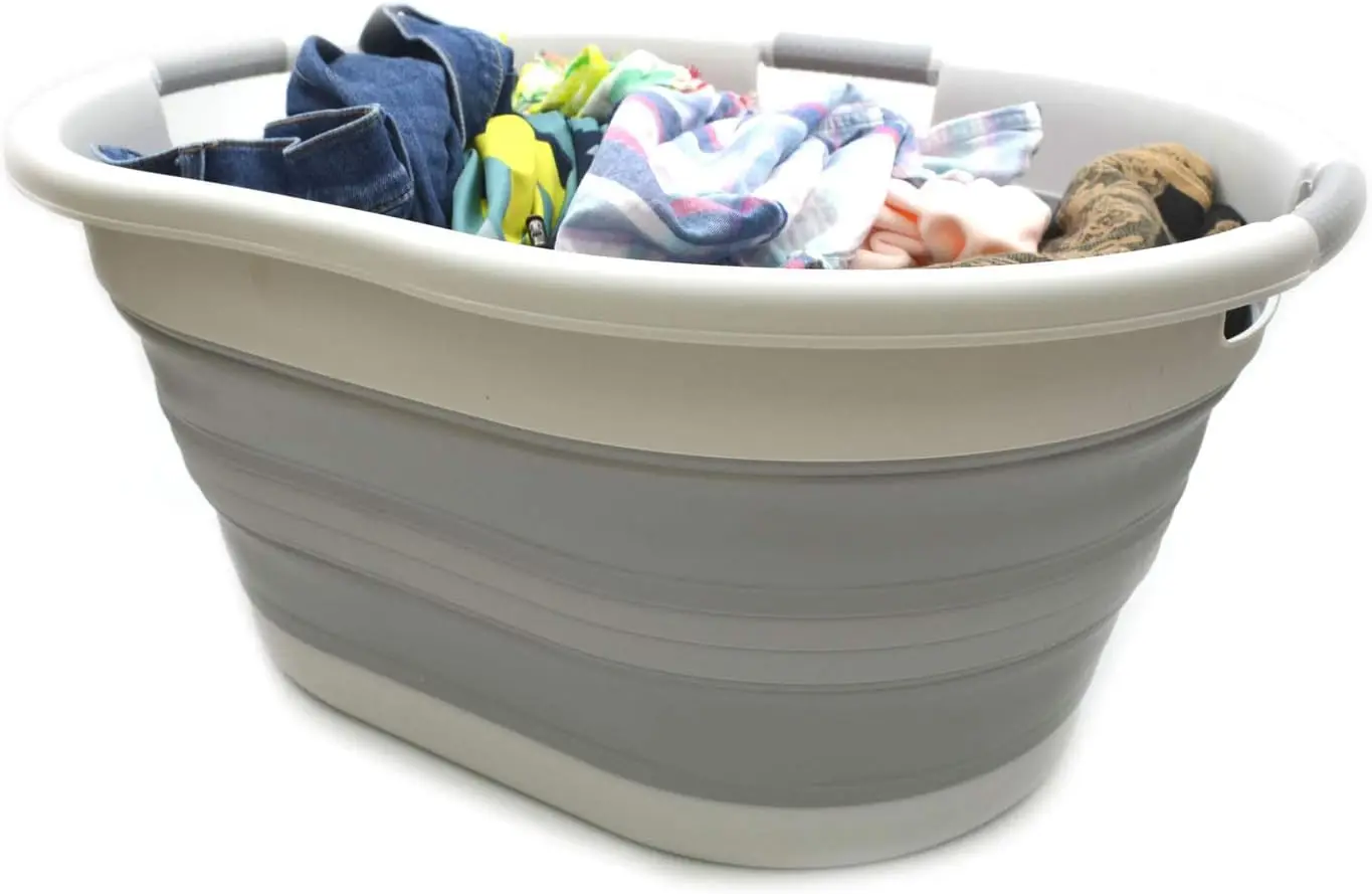 57L (15 Gallons) Collapsible 3-Handled Plastic Laundry Basket - Oval Tub - Portable Washing Tub-Space Saving Laundry