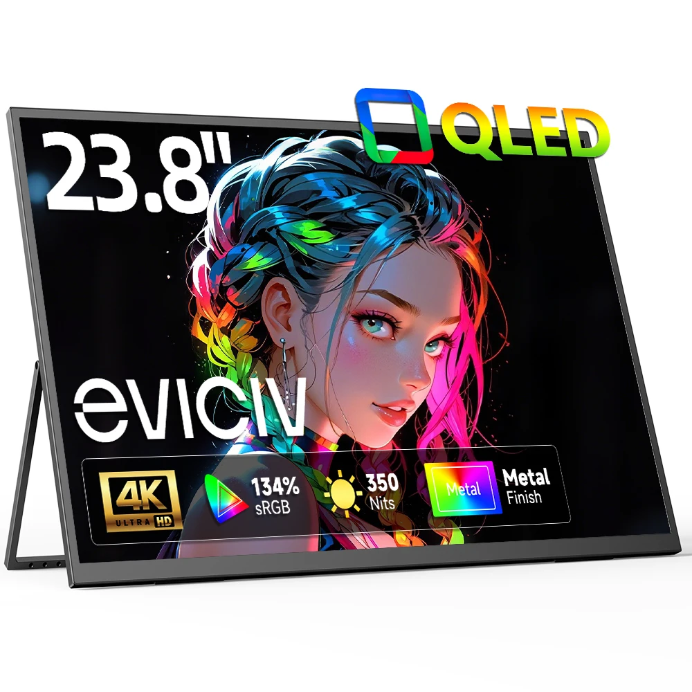 Image of EVICIV 23,8" 4K QLED tragbarer Monitor Ultra HD 3840*2160 135%sRGB 350 Nits Freesync Großer zweiter externer Spielbildschirm USB C LS Stand VESA für Mini PC Laptop MAC Telefon PS5 Xbox Schalter