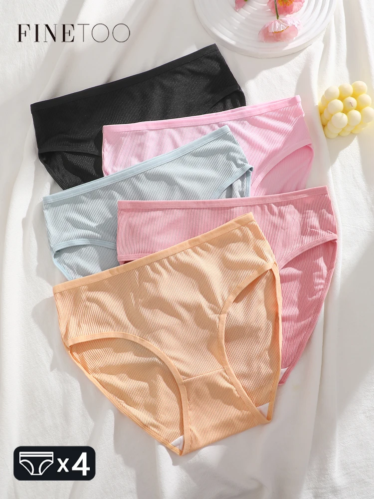 FINETOO 4-teiliges Damen-Unterwäsche-Set mit Hoher Taille, Gestreift, Sexy Einfarbig, Atmungsaktive Slips, Komfortable Dehnbare Höschen, Intimwäsche