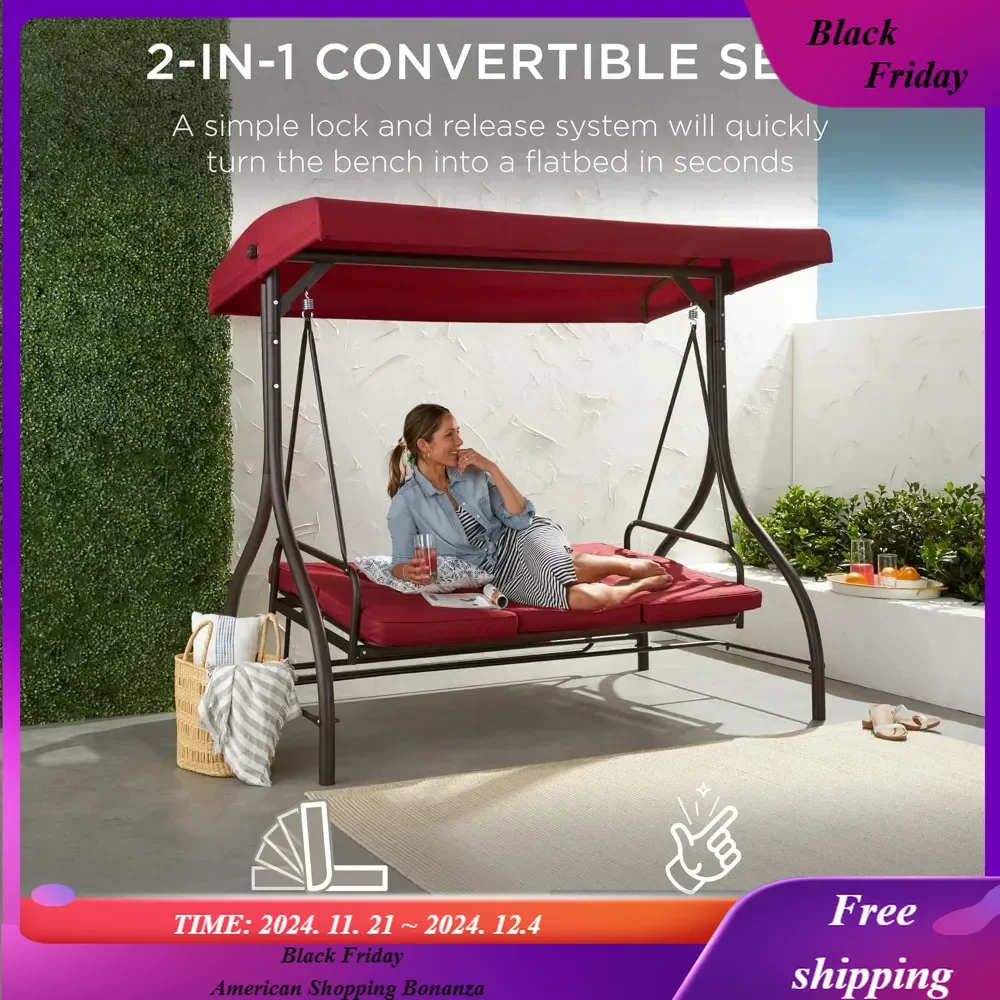 3-Seat Outdoor Large Converting Canopy Swing Glider, Patio Hammock Lounge Chair for Porch