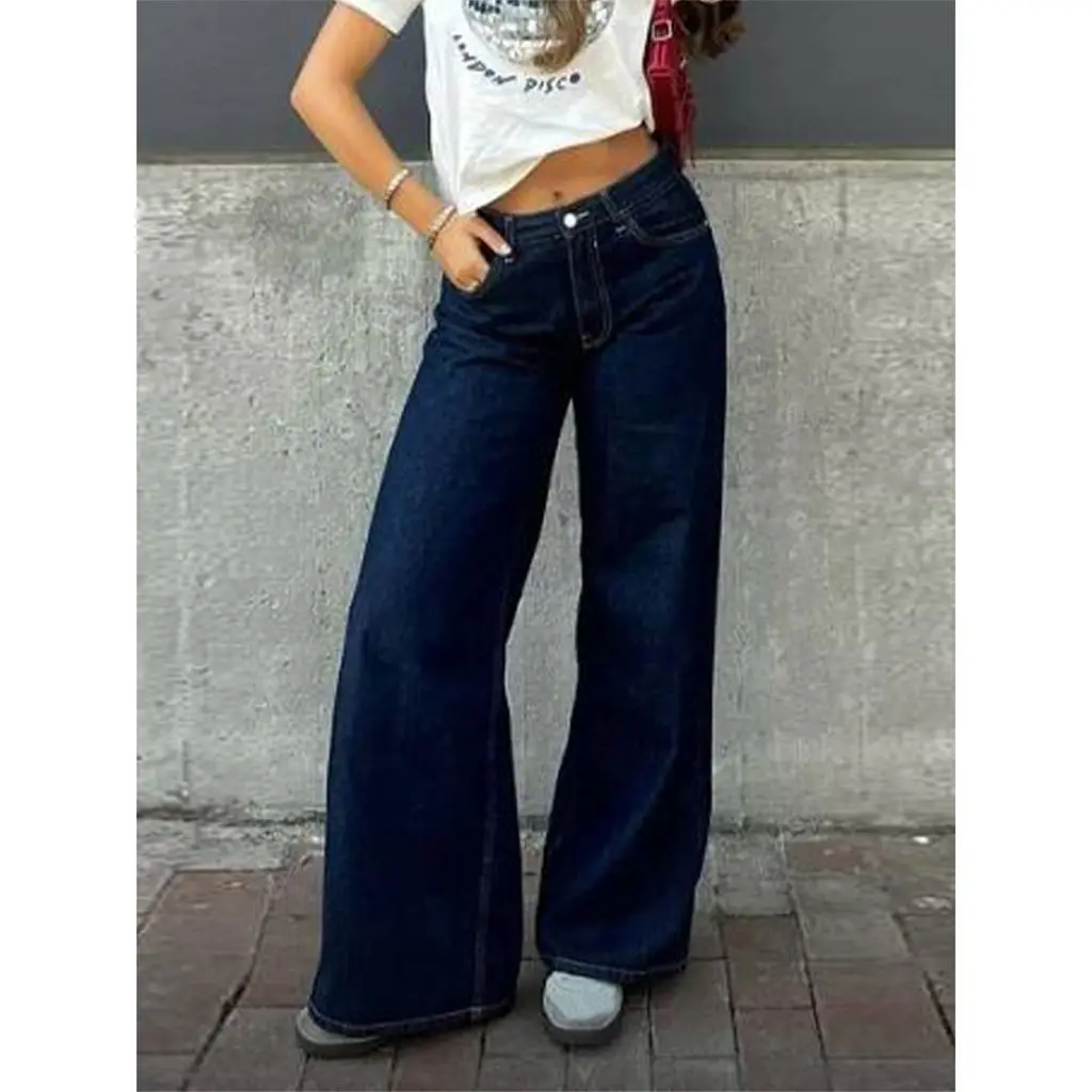 Combhasaki Women's Y2K Vintage Denim Long Pants Button Low Waist Wide Leg Loose Fit Retro Jeans with Pockets Aesthetic Trousers