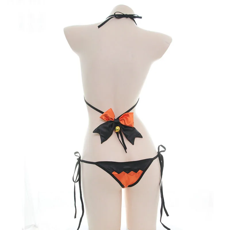 Sexy Bandage Pumpkin Devil Pajamas Japanese Bell Bow Swimsuit Halloween Cosplay Women Lingerie Sets Exotic Apparel