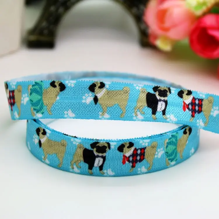 DHK 5/8\'\' 5yards Dog Cat Paw Bone Printed Fold Elastic FOE Stretch Ribbon Hairbow Headwear Accessories Craft DIY Sewing C2006