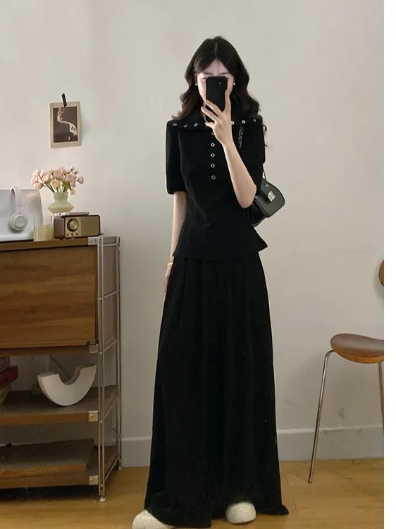 

plus Size Women's Lazy Style High Waist Wide Leg Pants Neck Short Sleeve Top Summer New Two-Piece Set Korean Loose Fit