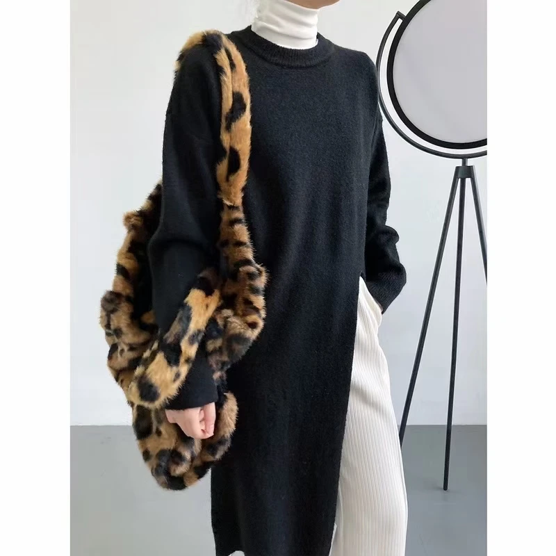 Side Split Long Knit Dress Women 2024 Autumn Winter Loose Women\'s Pullovers Solid Color O Neck Knee-length Sweaters Knitwear