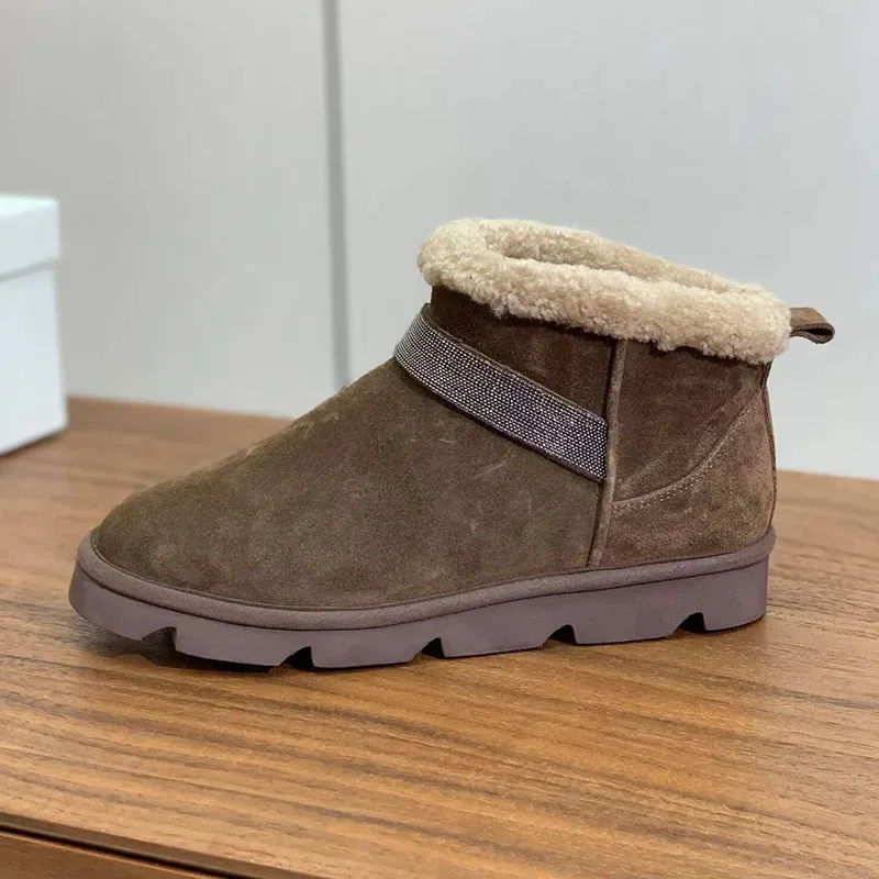 

Женские короткие ботинки с шерстяной подкладкой и бусинами, женские зимние ботинки с круглым носком из коровьей замши и толстой подошвой, зимние теплые ботильоны