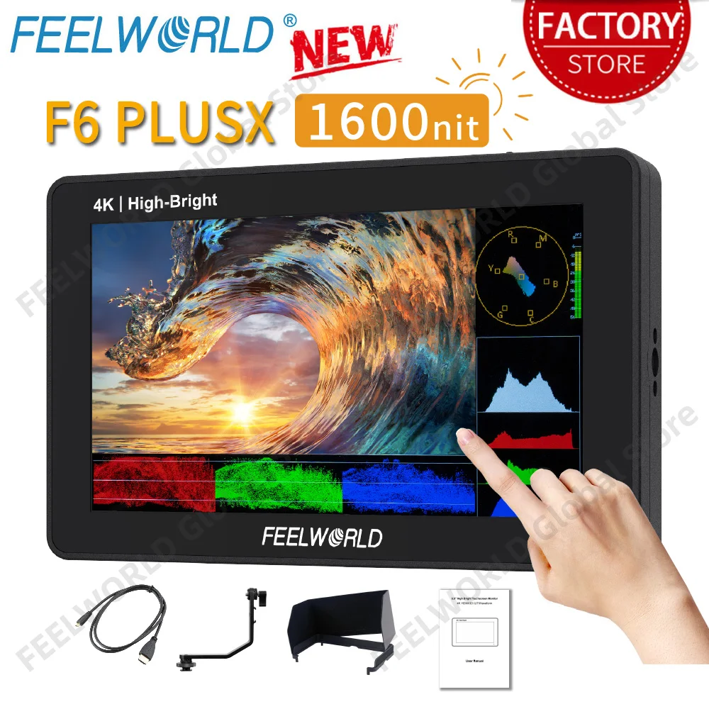Feelworld F6 PLUSX 5.5 인치 1600nit 터치 스크린 카메라 필드 모니터, HDMI 입력 출력, DSLR 카메라용 3D LUT IPS 풀 HD 1920x1080 