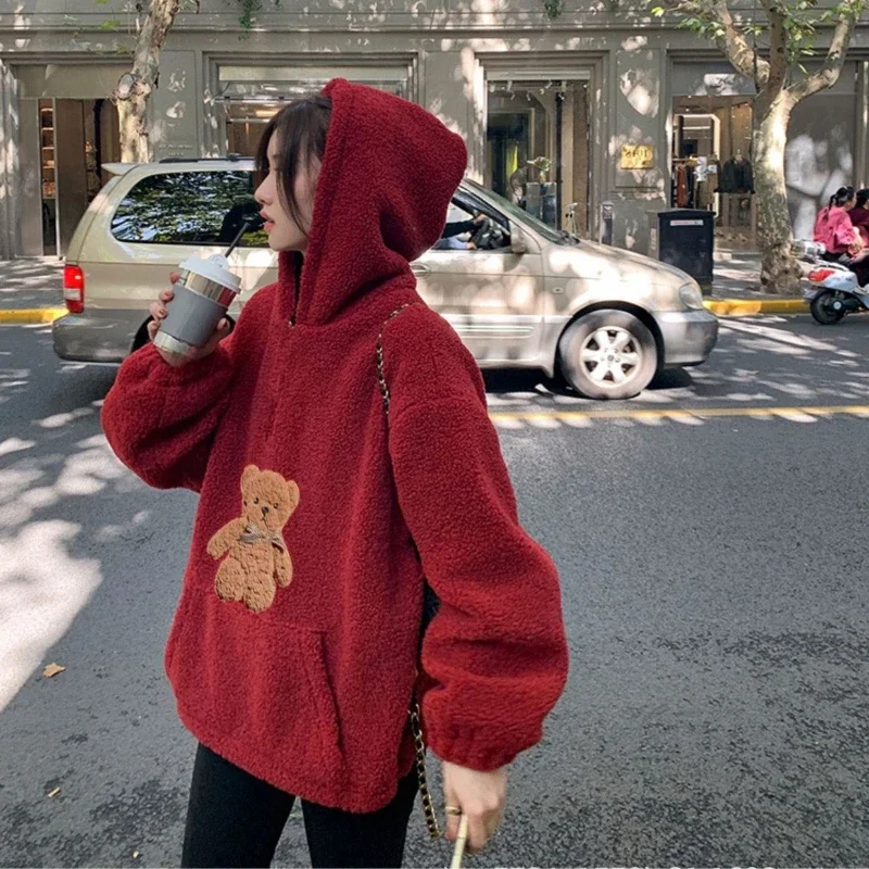 Mom Dad and Children\'s Winter Red Hoodies for Whole Family Bear Clothes Christmas Mother Father Daughter Son Hooded Sweatshirts