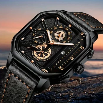 Luxury Big Dial Men Square Watch Casual PU Leather Strap Men Sports Watches