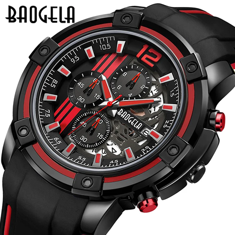 

BAOGELA Men's Sports Quartz Watches Army Military Chronograph Wristwatch for Man Luminous Relogios Masculino Clock Black Red