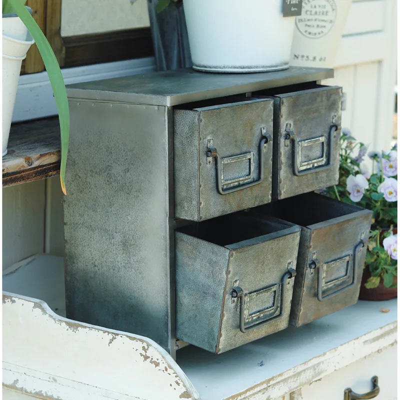 American Retro Storage Cabinet Metal 4-Drawer Cabinet Courtyard Decorative Item Vintage Industrial Pot Stand Aged Metal Accent