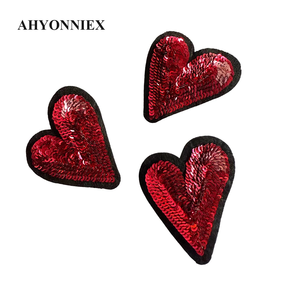 3PCS/Lot 3D Type Heart Red Sequins Flower Patch Fashion Shining Sew On Patch for Clothing DIY Applique
