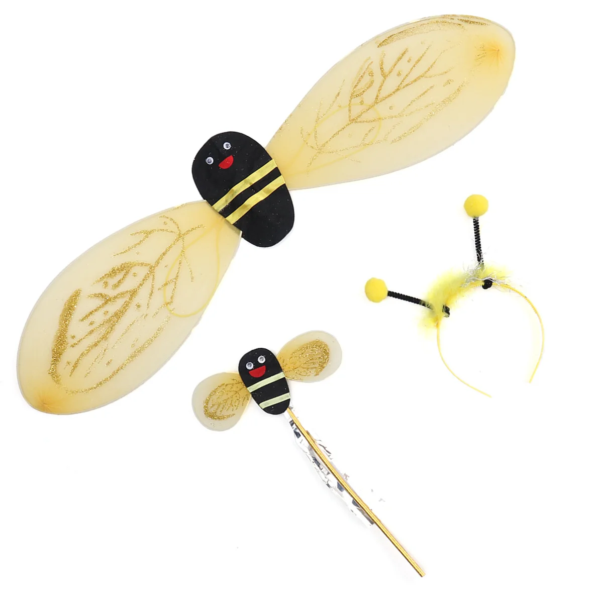 

3Pcs Fairy Bee Wings Yellow Black Costume Set Headband Wand Accessory for Dress Stage Performance