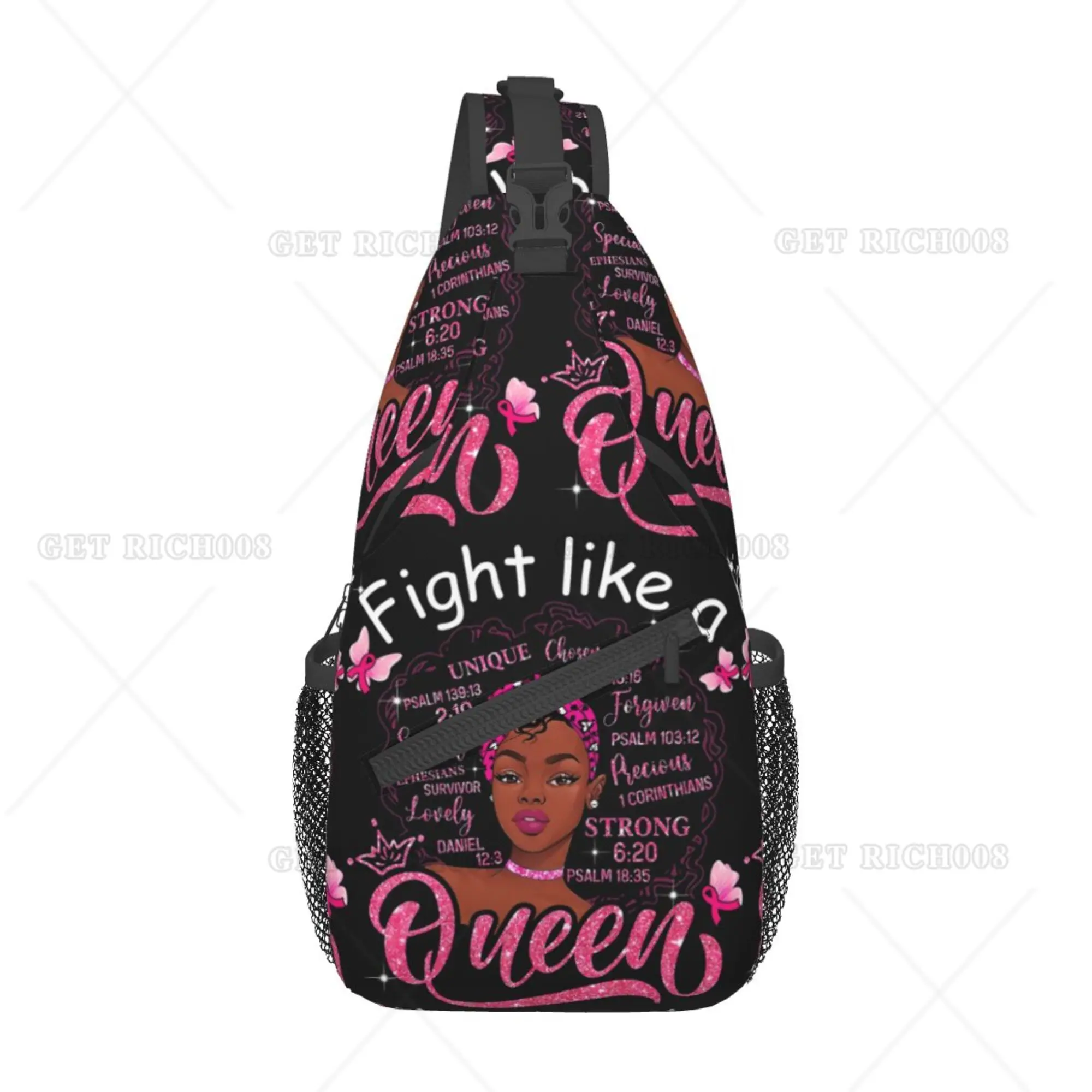 

Fight Like A Queen Chest Bag Cross Backpacks Breast Cancer Awareness Bags for Women Men Polyester Unisex Casual Hiking Running