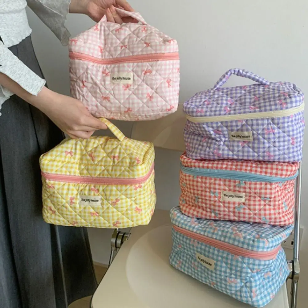 Large Capacity Lattice Cosmetic Bag Korean Style with Zipper Cute Storage Bag Colorful Bow Pattern Portable Makeup Bag Women