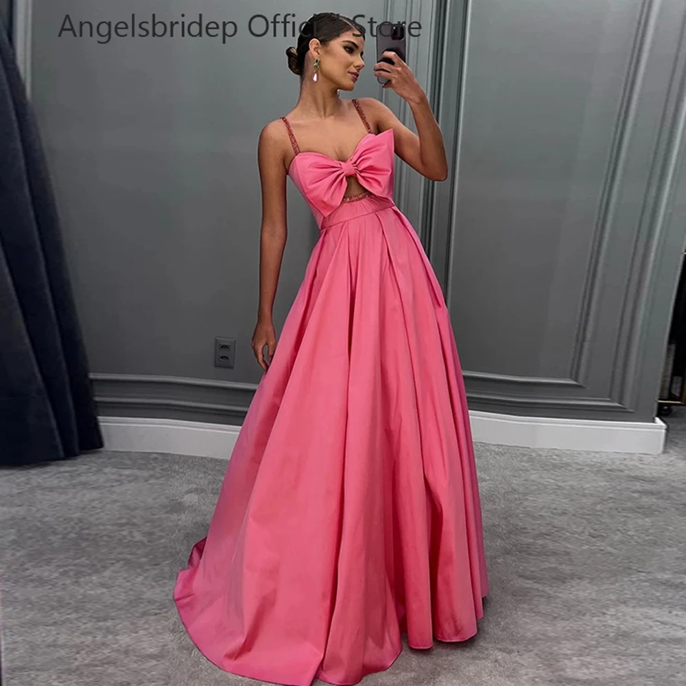 

Angelsbridep Sweetheart Satin Fuchsia Prom Dress Women Mondern Bow Straps A -line Evening Party Gowns Long Vestidos De Noche