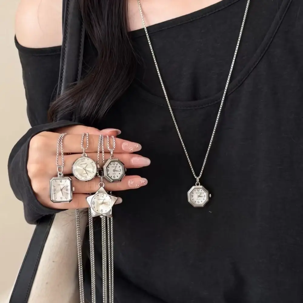 Heart-shaped Star Pocket Necklace Geometry Cross Pendant Clock Pendant Vintage Bag Charms Long Sweater Chain Women Girls