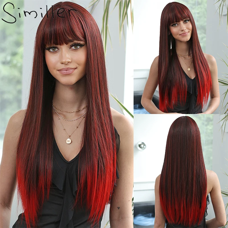 

Similler Long Synthetic Wigs for Women Straight Hair Heat Resistance Black Red Ombre Cosplay Wig with Bangs