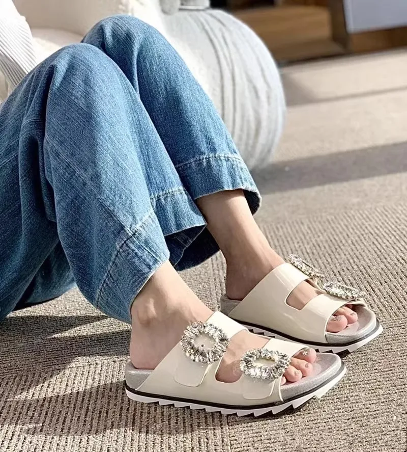 Brand Crystal Buckle Beach Summer Shoes Women Slippers Rhinestone Transparent Platform Mules Slides Flats Sandalias Planas Lujo