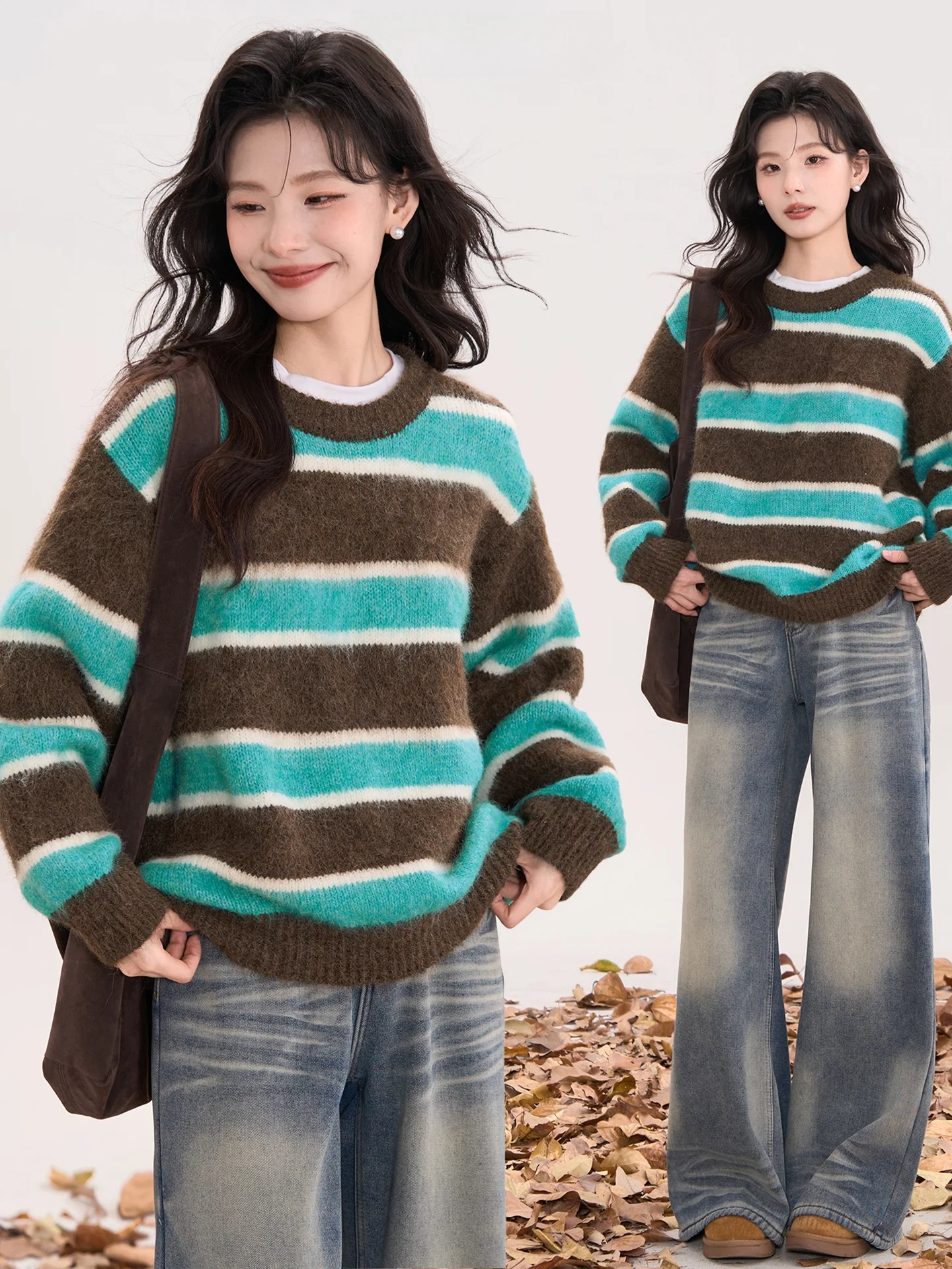 

Korean Sle Knitted Sweater Women's round Ne Pullover Thiened Long Sve Floing Stripe Pattern Winter Faion