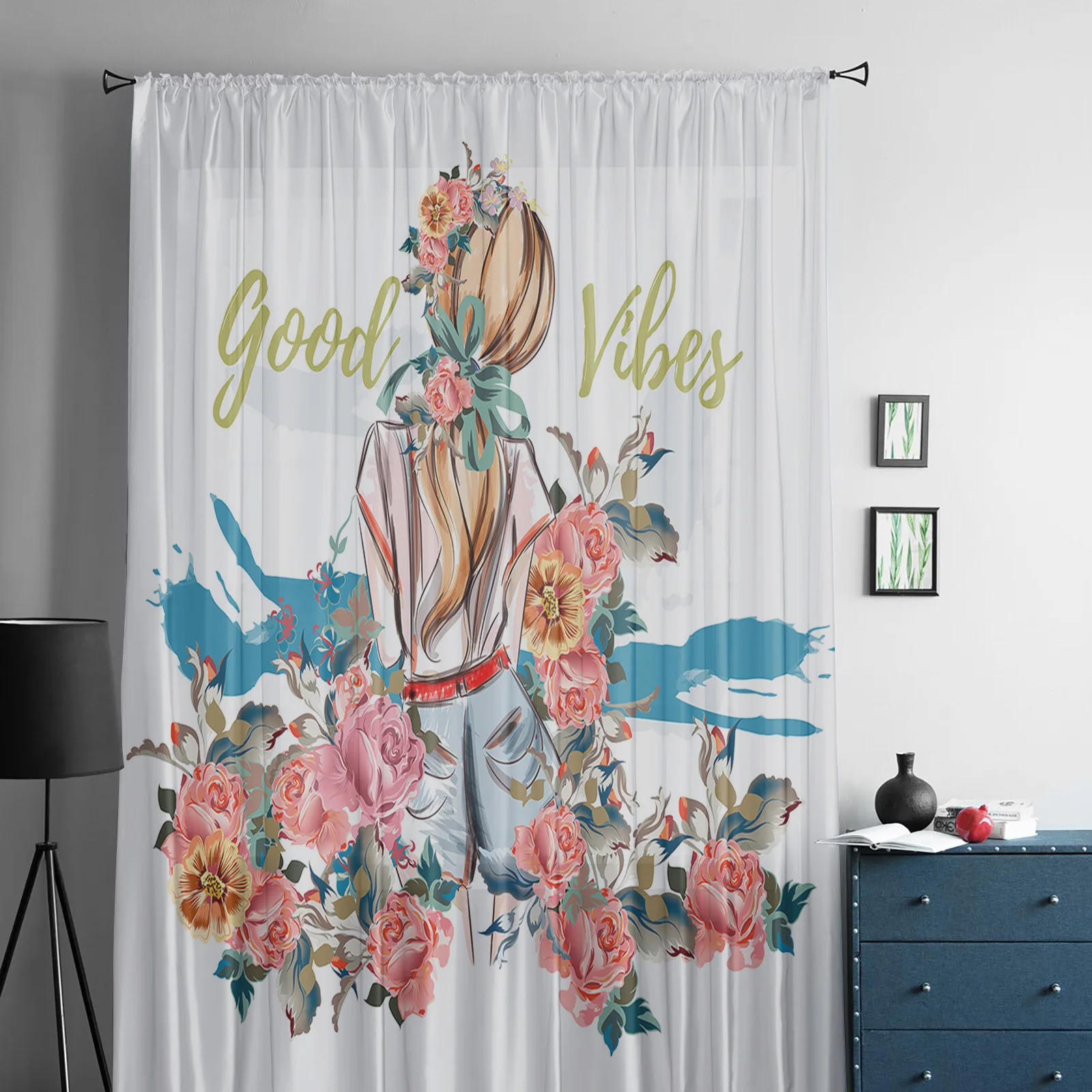 Watercolor Woman'S Back Flower Sheer Curtain for Bedroom Tulle Voile Curtain for Kitchen Living Room Decor Window Treatment