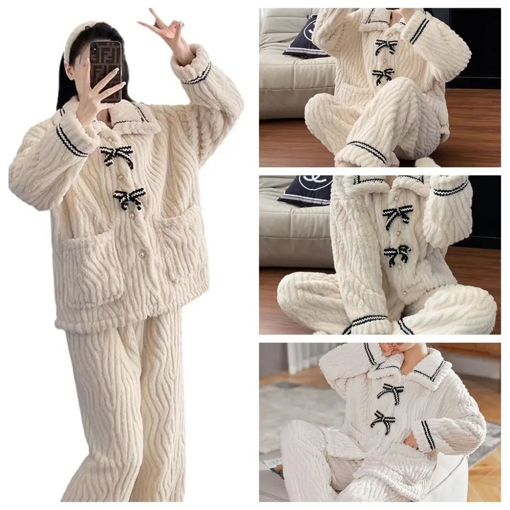 

A Set Thickened Fleece Women Pajamas Coral Velvet Bow Design Winter Sleepwear Set Small Fragrance Style Home Clothes