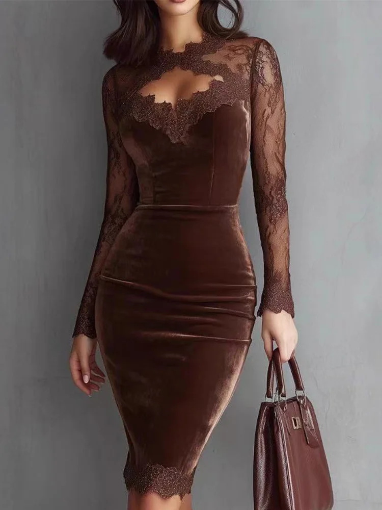 Long Sleeve Sexy Transparent Casual Dress Waist A-Line Mid-Length Luxury Designer Dress Women's V-Neck Lace Sheer Bodycon Dress