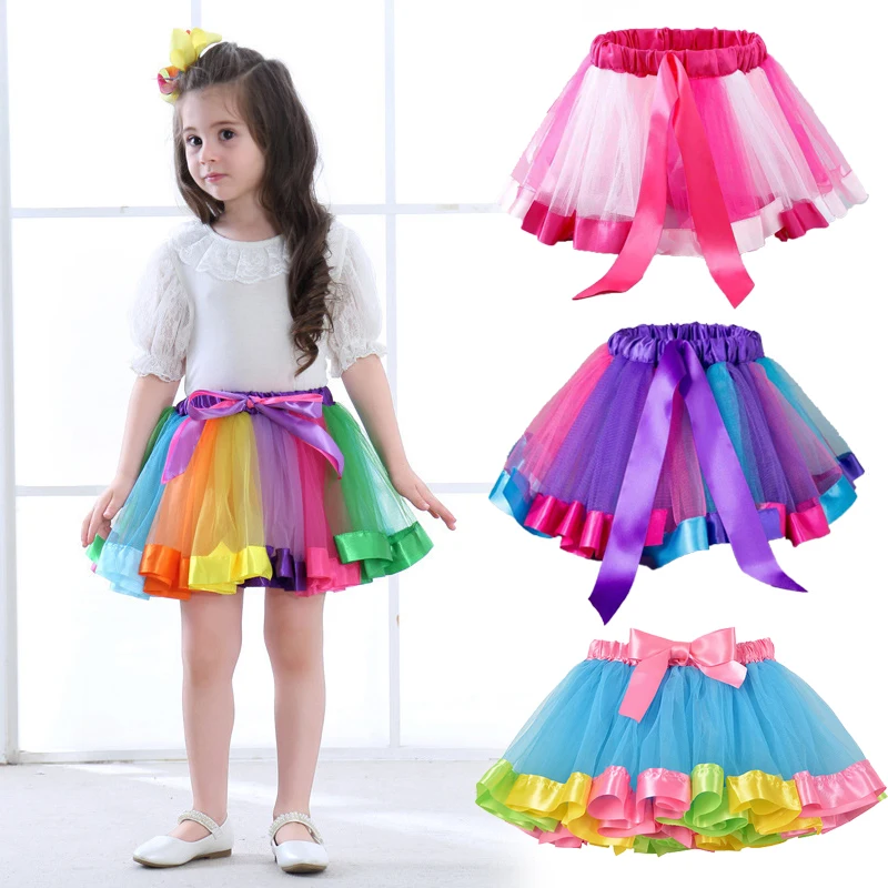 Rainbow Mesh Tulle Skirts Children\'s Elastic Waist Skirts Sweet Layered Fluffy Cake Fluffy Tutu Skirt for Festival Party Decor