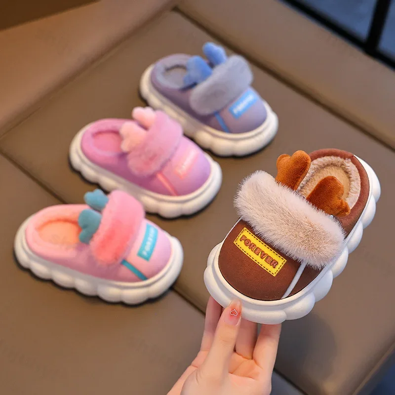 

Warm New 2024 Winter Heel Wrap Cotton Slippers Children's Cute Cartoon Non-slip Soft Sole Kids Boys Girls Flat Plush Home Shoes