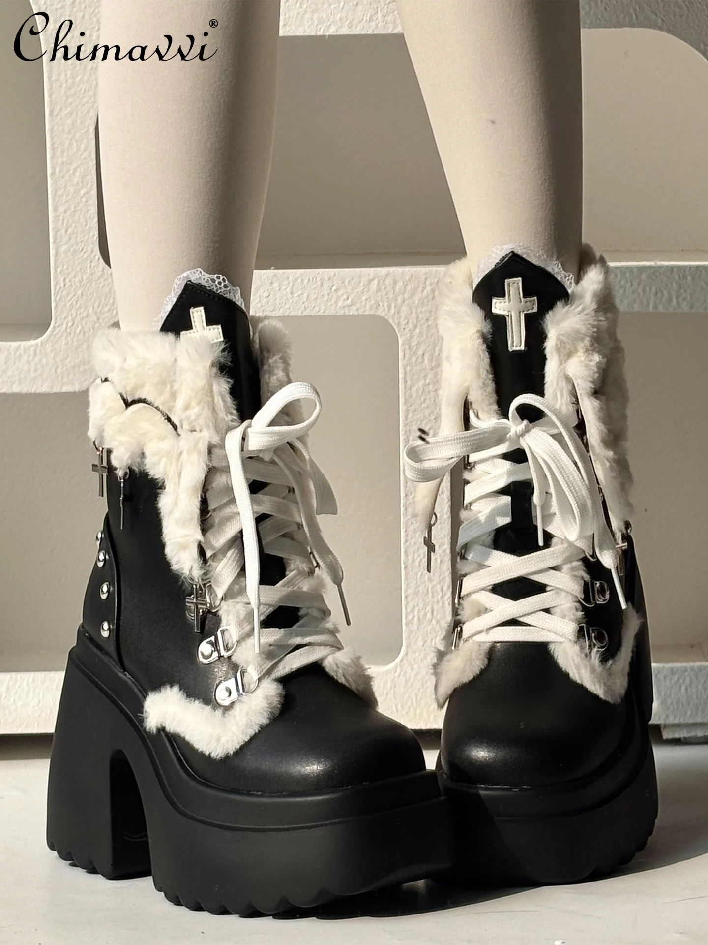 

Original Sweet Cool Girl Punk Thick-Soled Leather Shoes Winter New Fleece-Lined Warm Versatile Women Lolita Boots