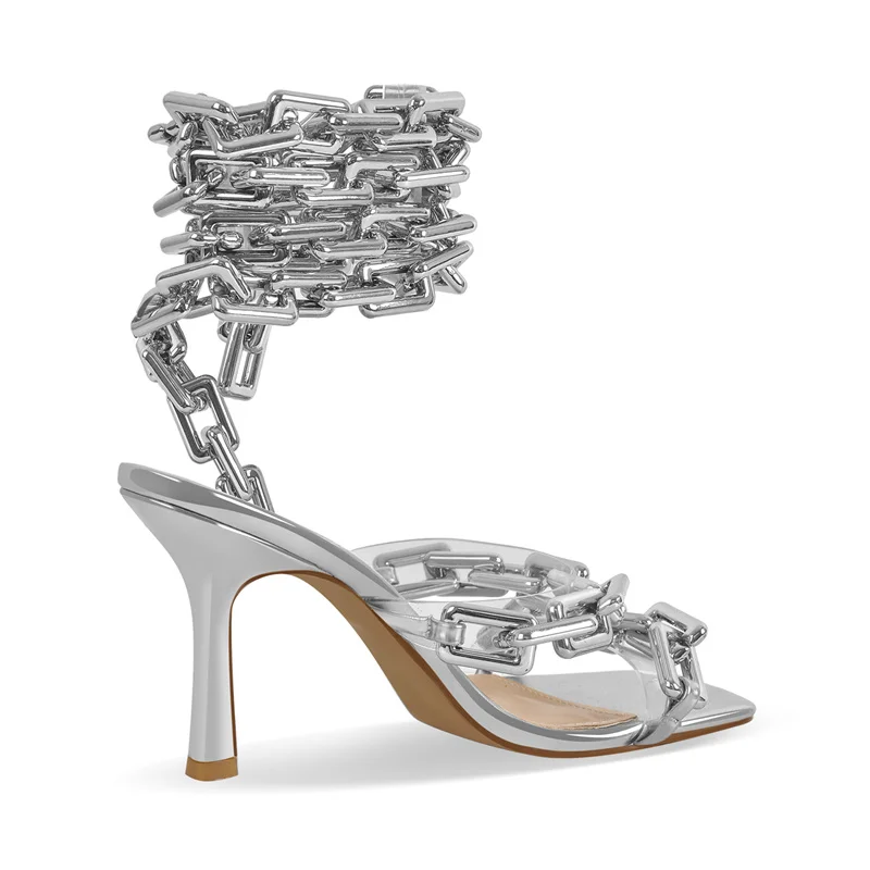 Onlymaker Women Gold Square Toe Metal Chain Lace-up Stiletto Sandals Open Toe Sexy Party Stiletto Sandals