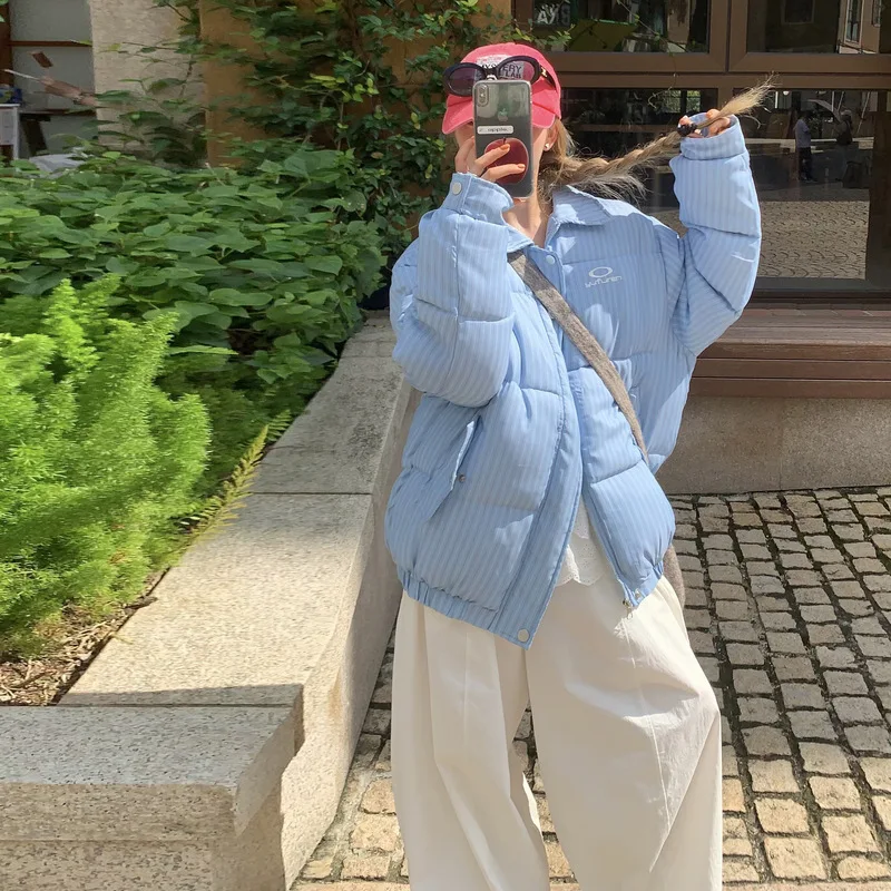 Korean Striped Cotton Jacket For Women Winter Fashion Lapel Embroidered Thicken Coat Casual High Street Loose Warm Overcoat