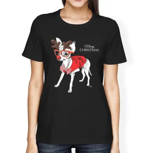 Polarshe 1Tee Womens Loose Fit Christmas Chihuahua Reindeer Dog T-Shirt