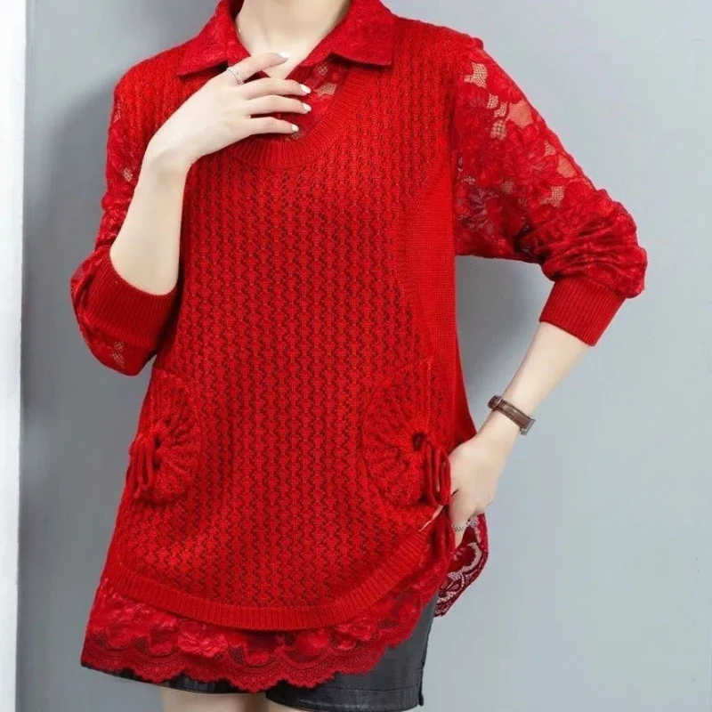 Fake Two High-end Slimming Hollow Out Lace Knit Sweaters Yuanbao Pockets Loose Belly Covering Shirts Collars Mom Outfits Tops