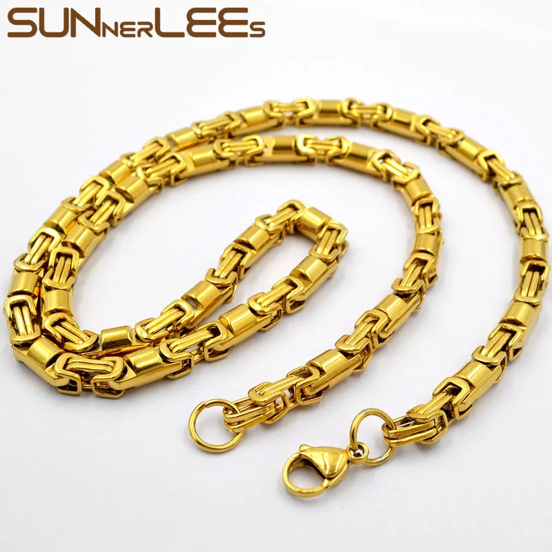 SUNNERLEES Jewelry Stainless Steel Necklace 6mm Geometric Byzantine Link Chain Silver Color Gold Plated Men Women Gift SC136