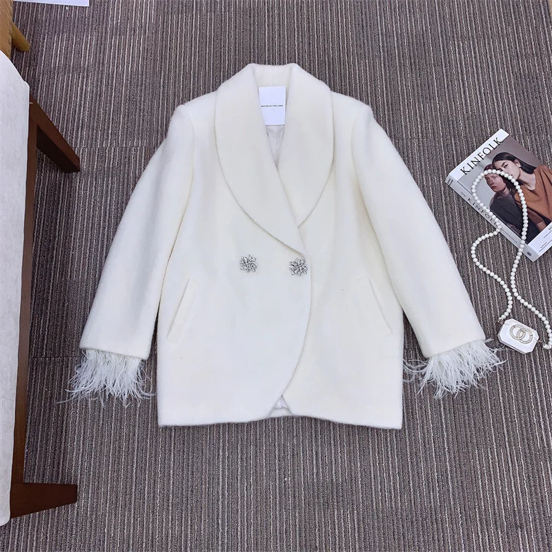 EAEOVNI ريشة تقسم تصميم المرأة البدلة معطف موضة التلبيب طوق كم طويل زر تصميم سترة ملابس أنيقة #5