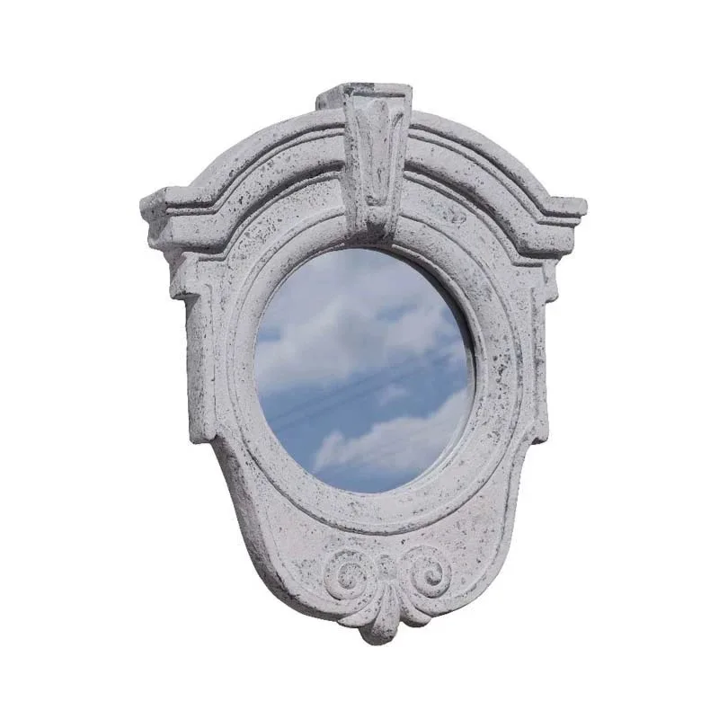 

Vintage Decorative Wall Mirror, Weathered White Oxidized Magnesium Frame, Round Garden Mirror with Ornate Carved Details