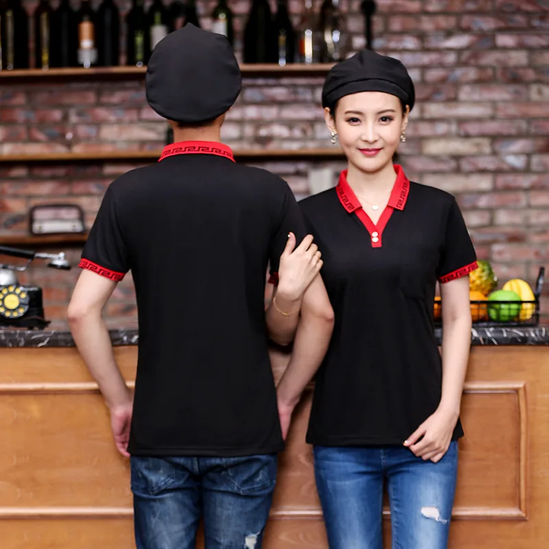 New Waiter Short-Sleeved T-shirt Custom Logo Restaurant Hot Pot Restaurant Milk Tea Coffee Shop Restaurant V-neck Working Clothe