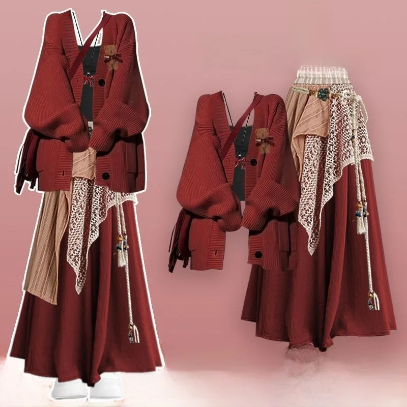 Rot gestrickt Cisas Halloween Long Dr Damen n Sle Herbst Winter Faion Set Casual Loose Fit V-Ne Button-Up