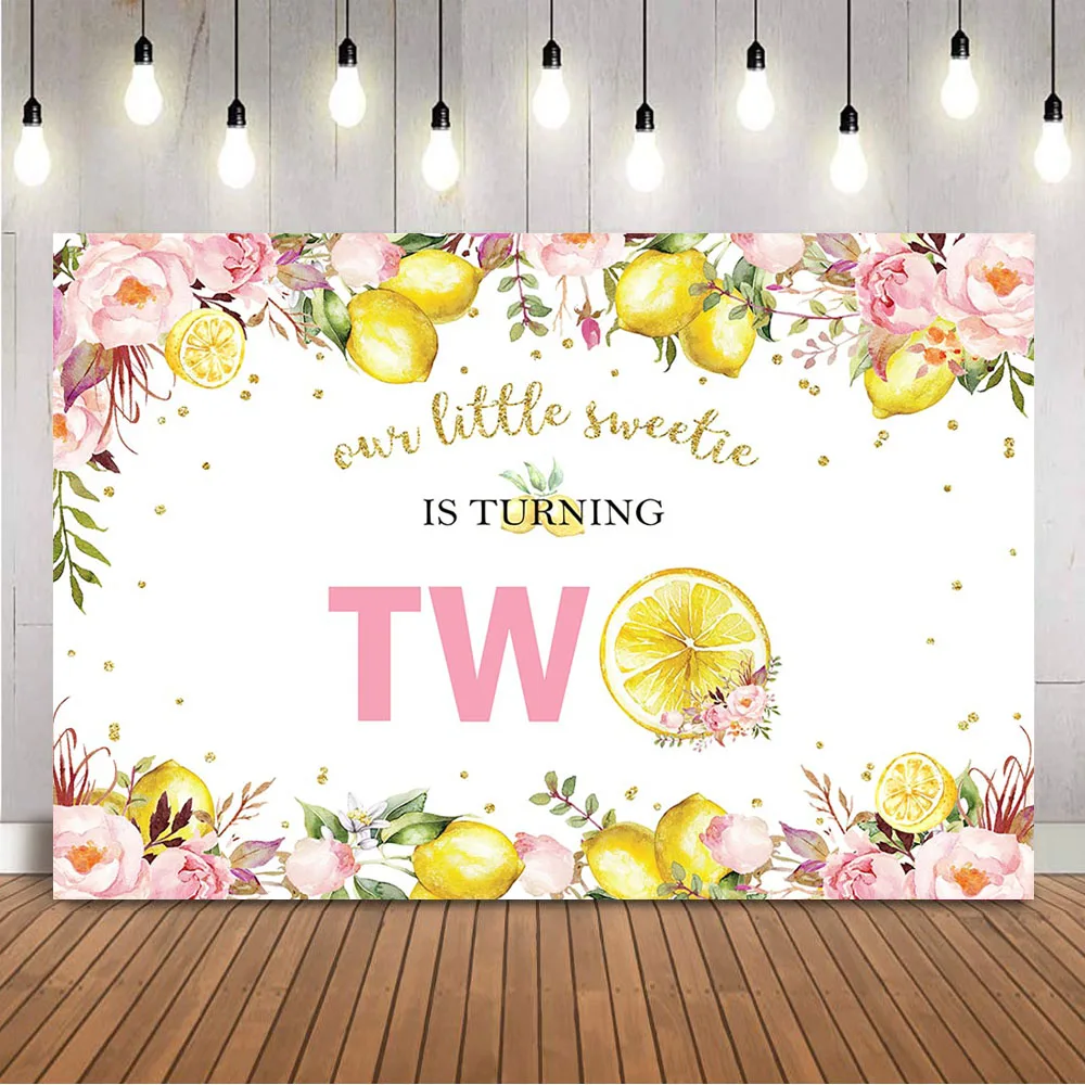 Lemon Backdrop for Second Birthday Party Banner Pink Floral Little Sweetie Girls Newborn Kids Portrait Photo Background Studio