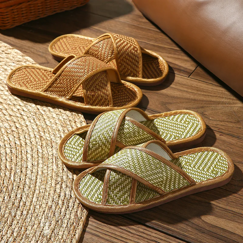 Unisex Straw Linen Slippers Summer Indoor Home Shoes Breathable Non Slip Floor Slide Lightweight Comfortable House cloud Sandals