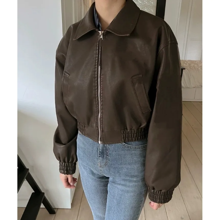 Women's Leather Jaet ort Sle Turn-down Collar Loose Fit Autumn Winter New Arrival Vintage Cool Thiened Long Sve Top