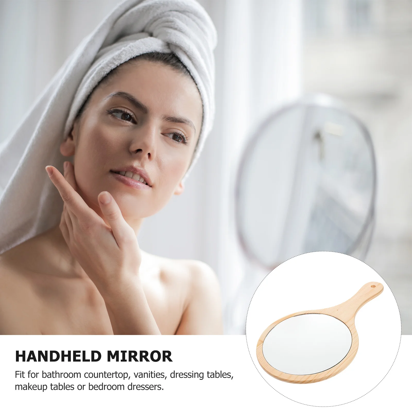 

Wood Handle Makeup Mirror Lightweight Portable Handheld Travel Mirror for Women Vanity Table Bathroom Use