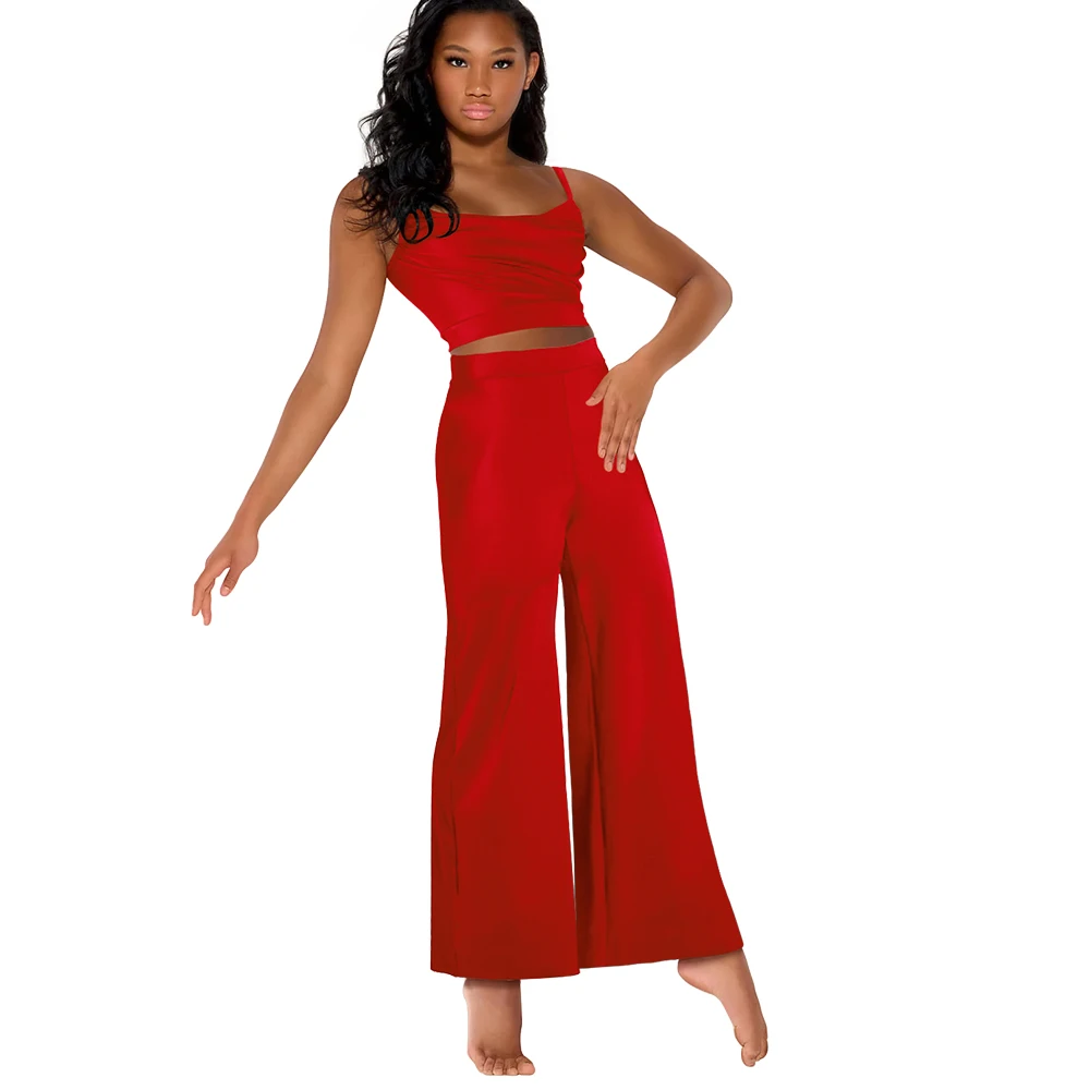 MiDee Contemporay Dance Outfit Girls 2 Piece Set Suit Pleated Camisole Crop Top with Wide Leg Pants Modern Lyrical Dance Costume