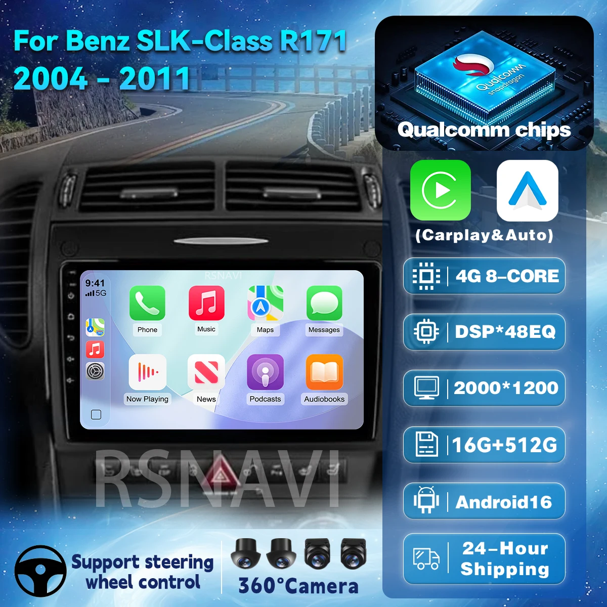 Rádio Automotivo Multimídia com Tela 2K Android 16 Carplay Auto para Mercedes-Benz SLK-Class SLK Class R171 2004 - 2011 Autoradio